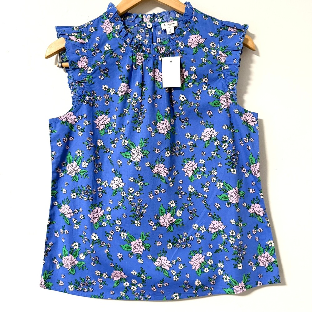 J.Crew Womens Blue Floral Ruffle High Neck Flutter Sleeve Blouse Top Size S